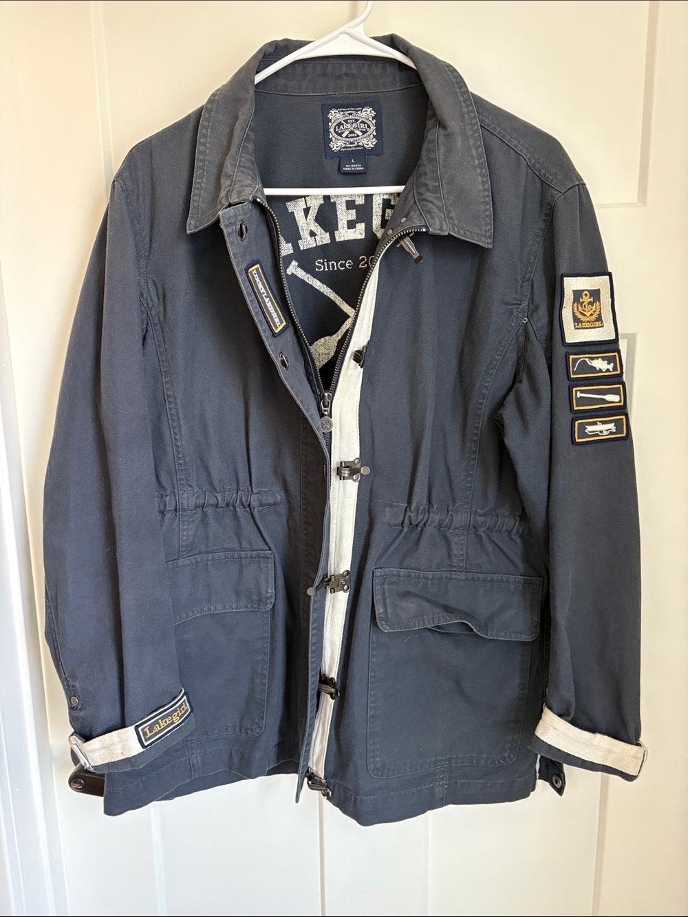 Navy Military-Style Field Jacket with Patch Details